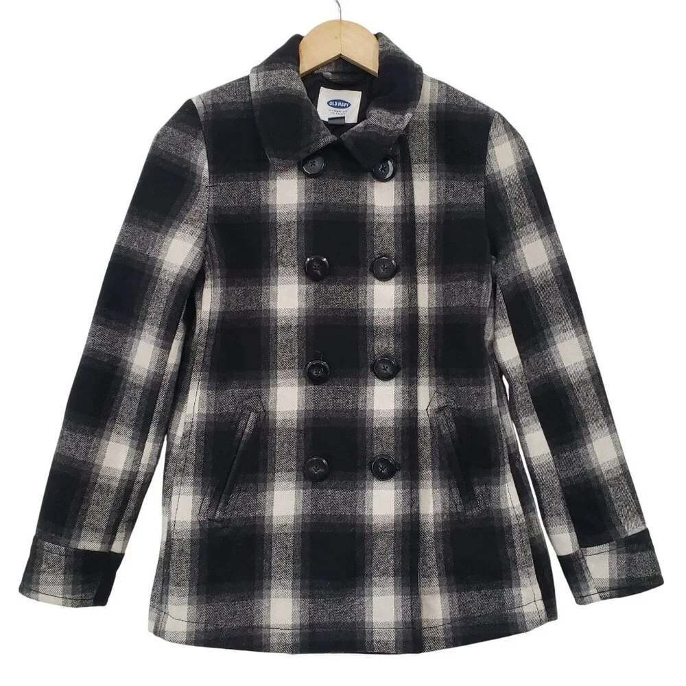 Old Navy XS Plaid Wool Blend Peacoat Black White Check Preppy Winter Warm Casual